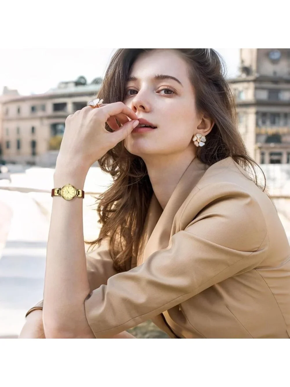 Women's Brown Gold Elegant Classic Small Gold Leather Stylish Ladies Wrist Watch